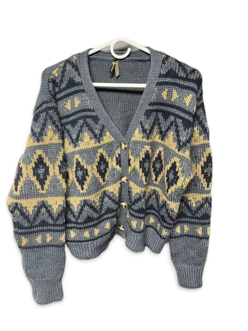 Stetson Gray and Yellow Geometric V-Neck Cardigan